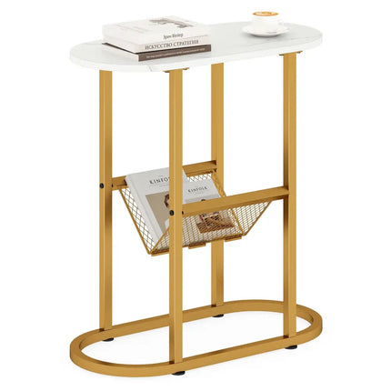 2-tier Industrial Oval Side Table with Mesh Shelf-White Costway