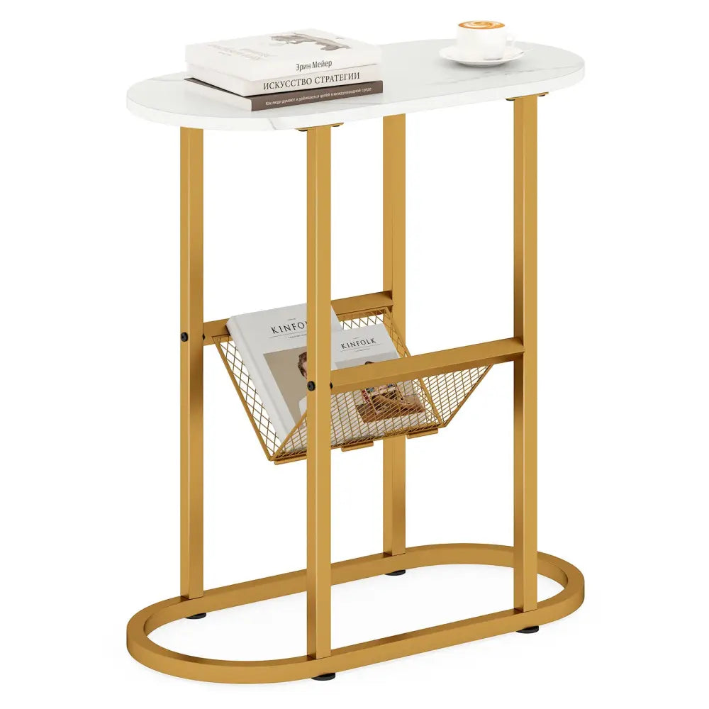 2-tier Industrial Oval Side Table with Mesh Shelf-White Costway