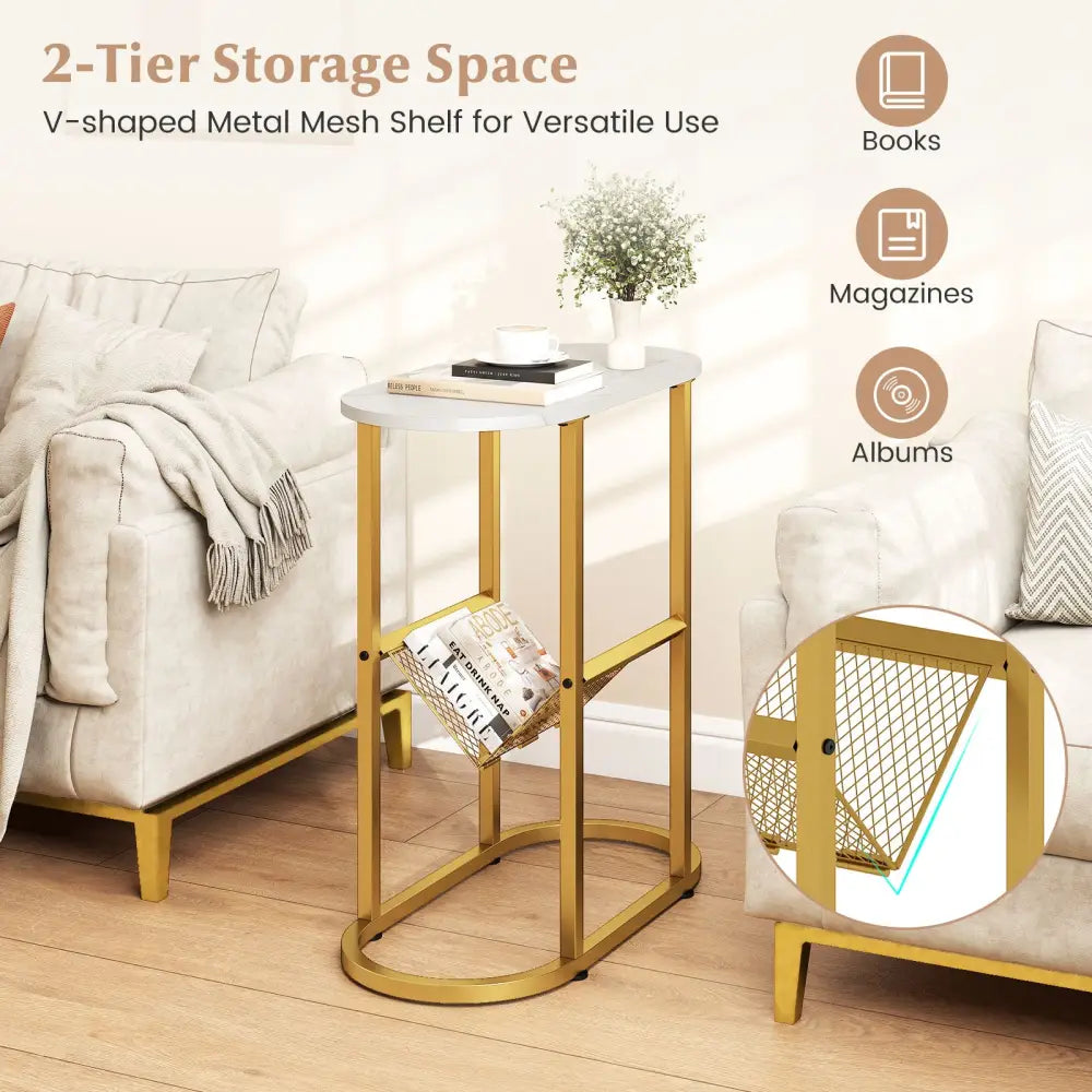 2-tier Industrial Oval Side Table with Mesh Shelf-White - White - End & Side Tables