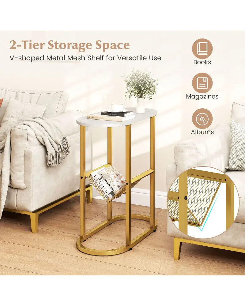 2-tier Industrial Oval Side Table with Mesh Shelf-White - White - End & Side Tables