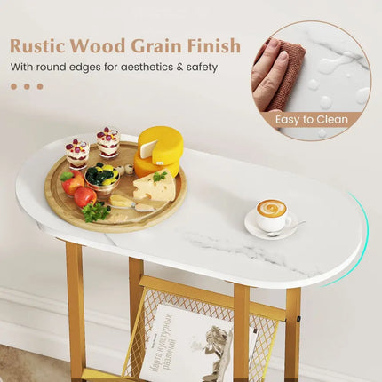 2-tier Industrial Oval Side Table with Mesh Shelf-White Costway
