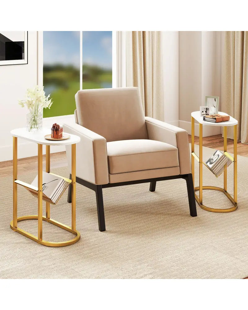 2-tier Industrial Oval Side Table with Mesh Shelf-White - White - End & Side Tables