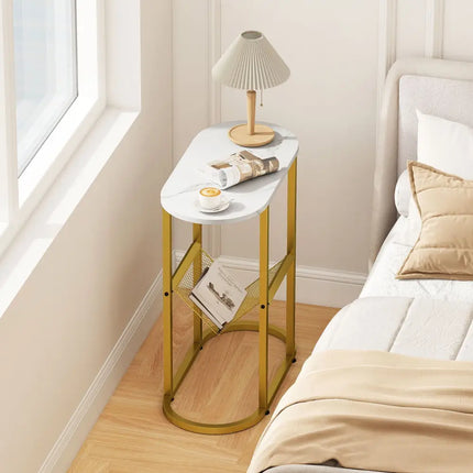 2-tier Industrial Oval Side Table with Mesh Shelf-White Costway