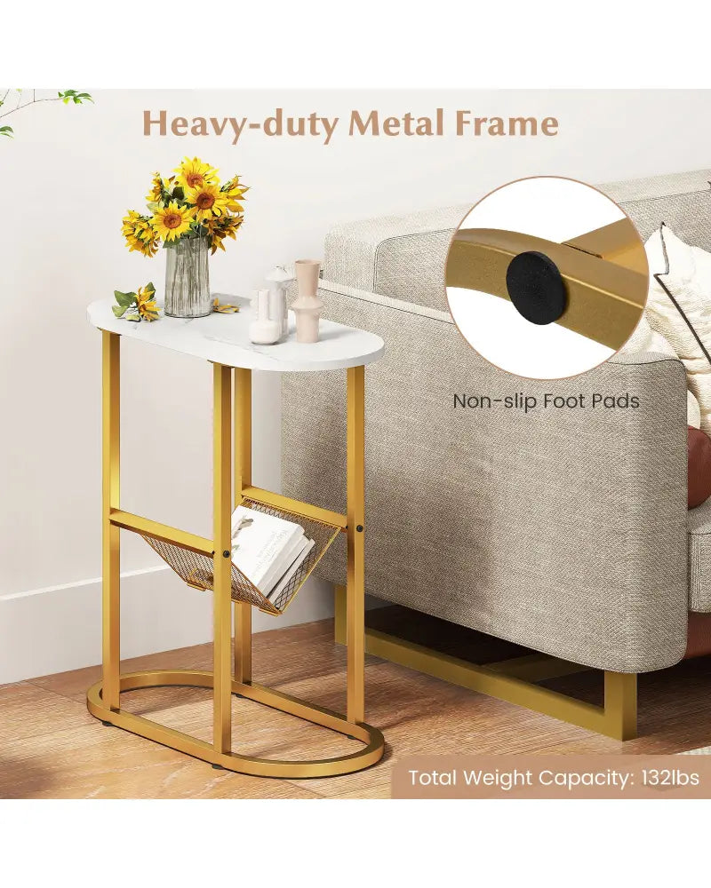 2-tier Industrial Oval Side Table with Mesh Shelf-White - White - End & Side Tables