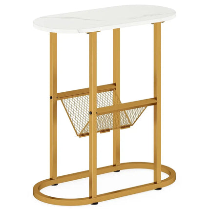 2-tier Industrial Oval Side Table with Mesh Shelf-White Costway