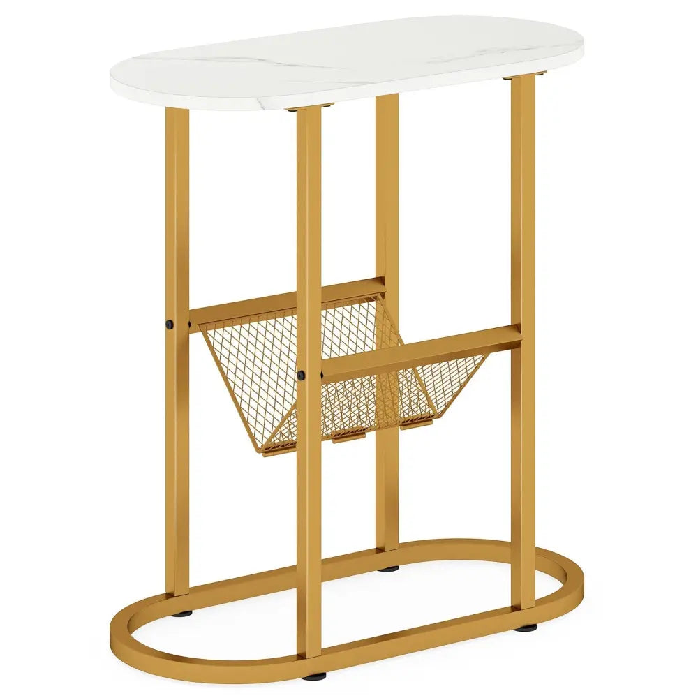 2-tier Industrial Oval Side Table with Mesh Shelf-White Costway