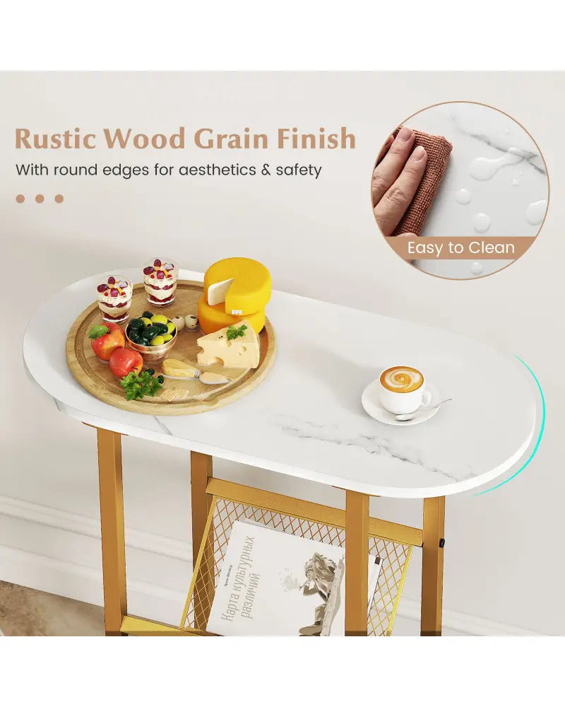 2-tier Industrial Oval Side Table with Mesh Shelf-White - White - End & Side Tables
