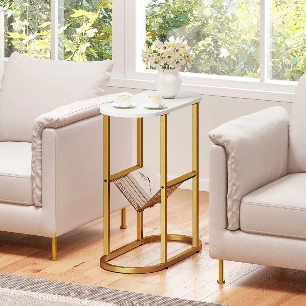 2-tier Industrial Oval Side Table with Mesh Shelf-White Costway