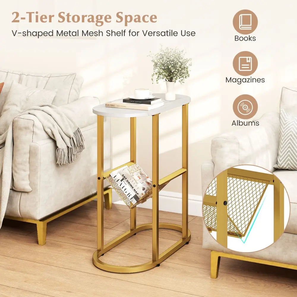 2-tier Industrial Oval Side Table with Mesh Shelf-White Costway