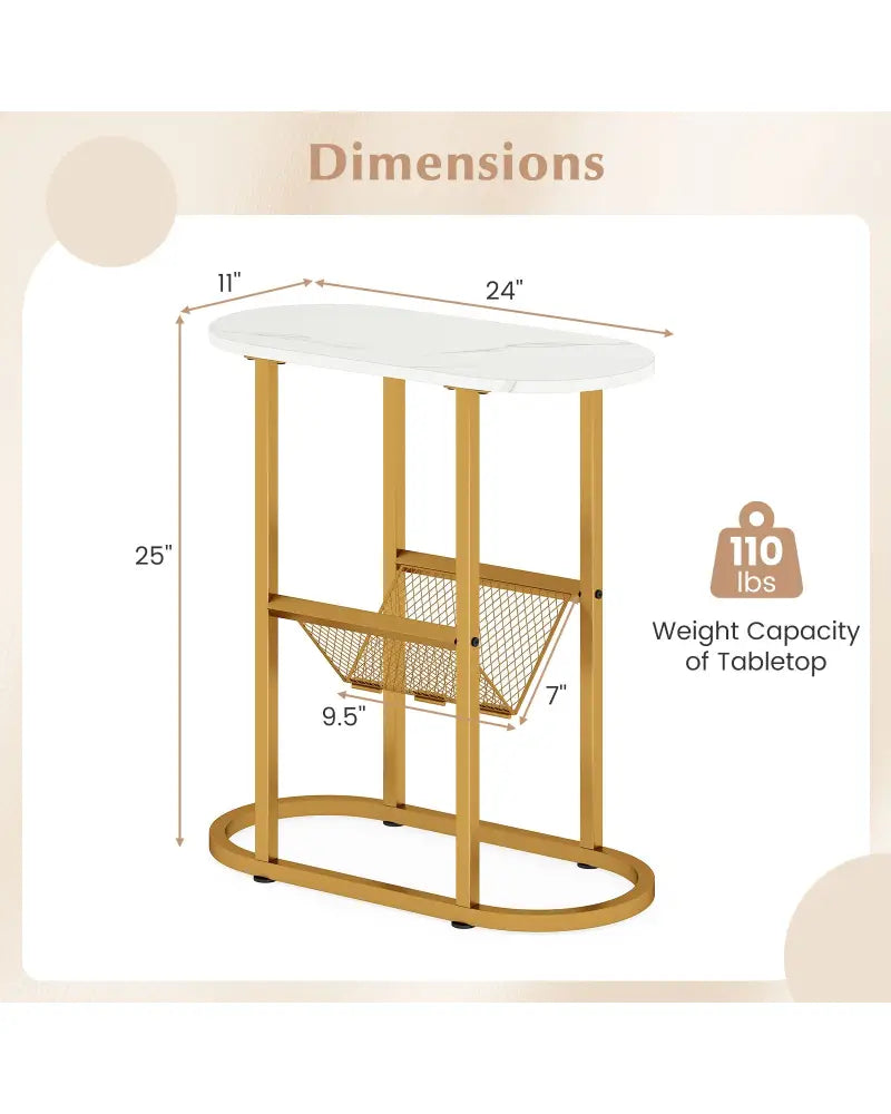 2-tier Industrial Oval Side Table with Mesh Shelf-White - White - End & Side Tables