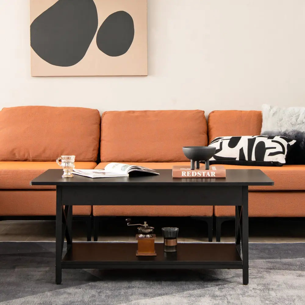 2-Tier Industrial Rectangular Coffee Table with Storage Shelf-Black - Black - Coffee Tables