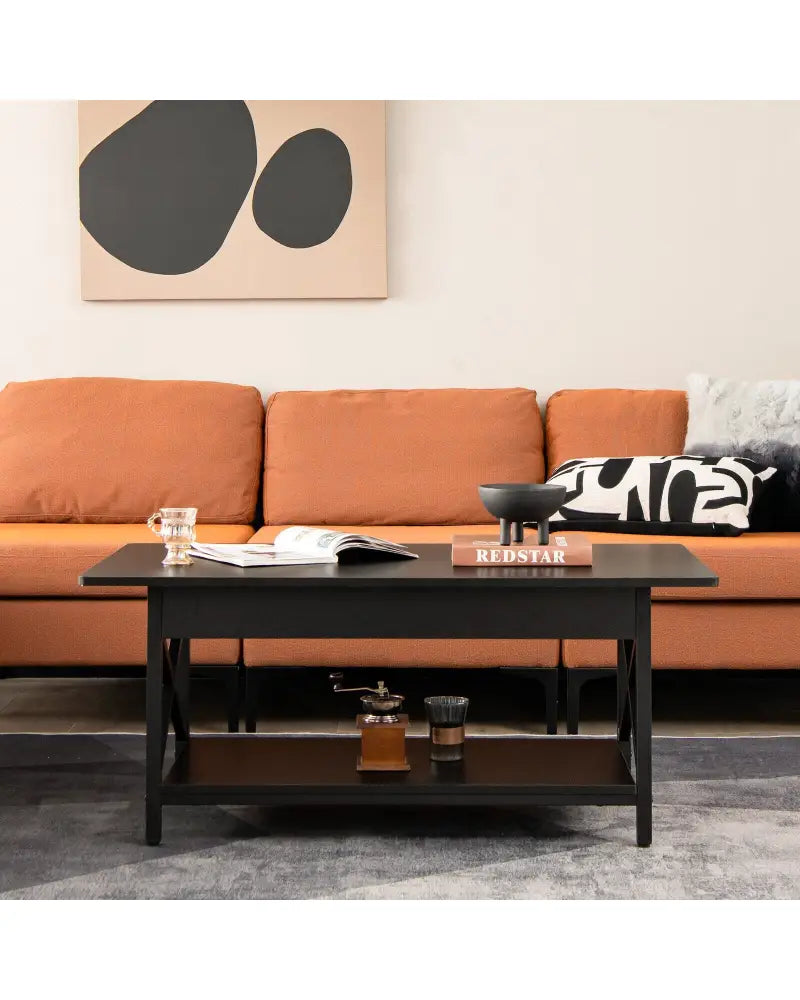 2-Tier Industrial Rectangular Coffee Table with Storage Shelf-Black - Black - Coffee Tables