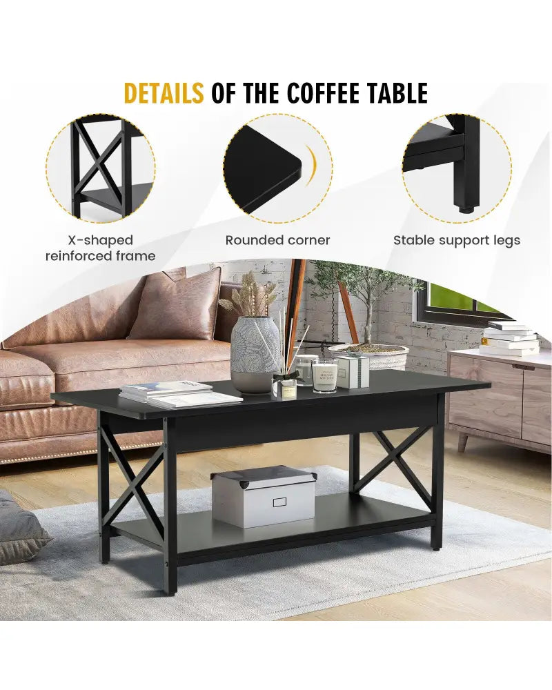 2-Tier Industrial Rectangular Coffee Table with Storage Shelf-Black - Black - Coffee Tables