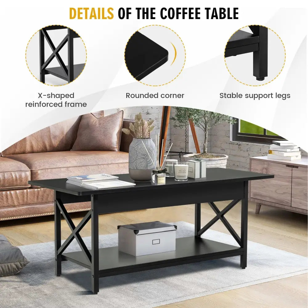 2-Tier Industrial Rectangular Coffee Table with Storage Shelf-Black - Black - Coffee Tables