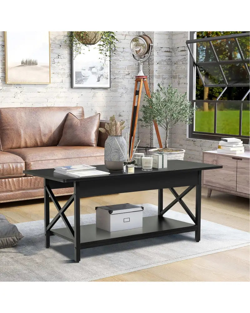 2-Tier Industrial Rectangular Coffee Table with Storage Shelf-Black - Black - Coffee Tables