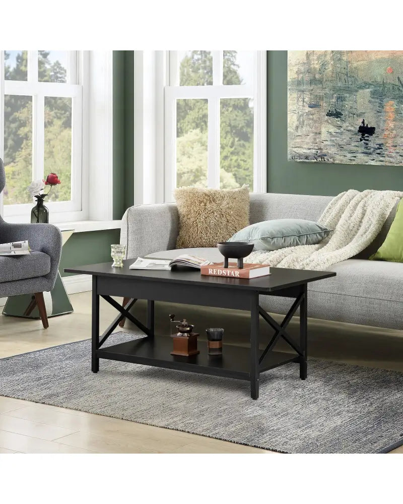 2-Tier Industrial Rectangular Coffee Table with Storage Shelf-Black - Black - Coffee Tables