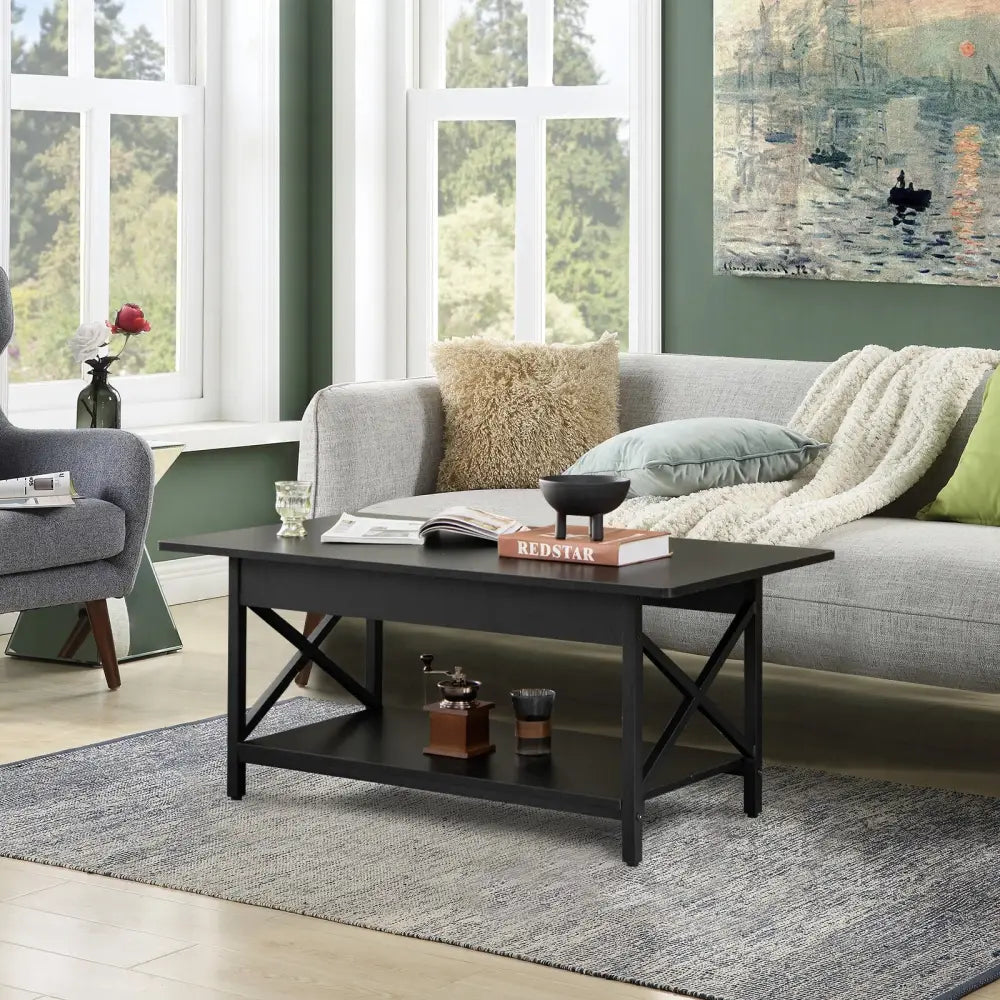 2-Tier Industrial Rectangular Coffee Table with Storage Shelf-Black - Black - Coffee Tables