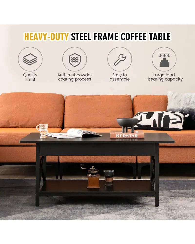2-Tier Industrial Rectangular Coffee Table with Storage Shelf-Black - Black - Coffee Tables