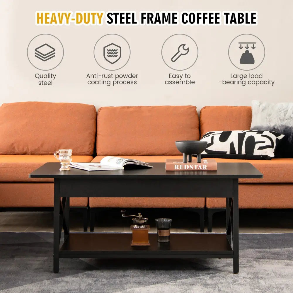 2-Tier Industrial Rectangular Coffee Table with Storage Shelf-Black - Black - Coffee Tables