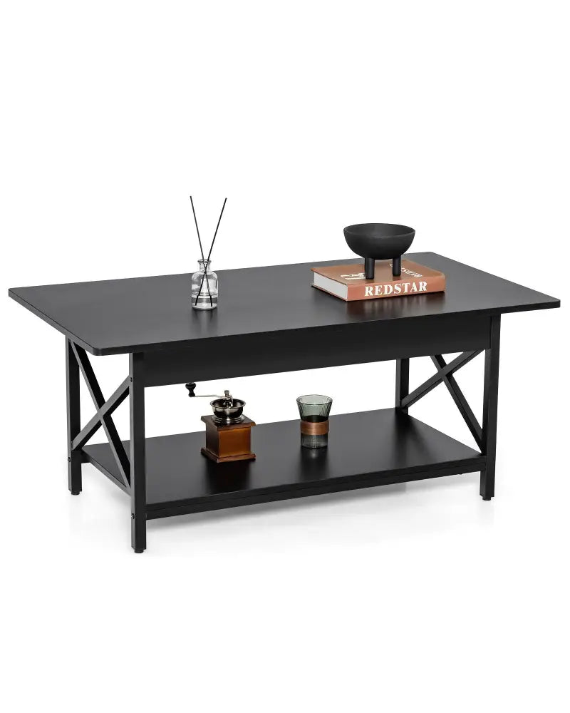 2-Tier Industrial Rectangular Coffee Table with Storage Shelf-Black - Black - Coffee Tables