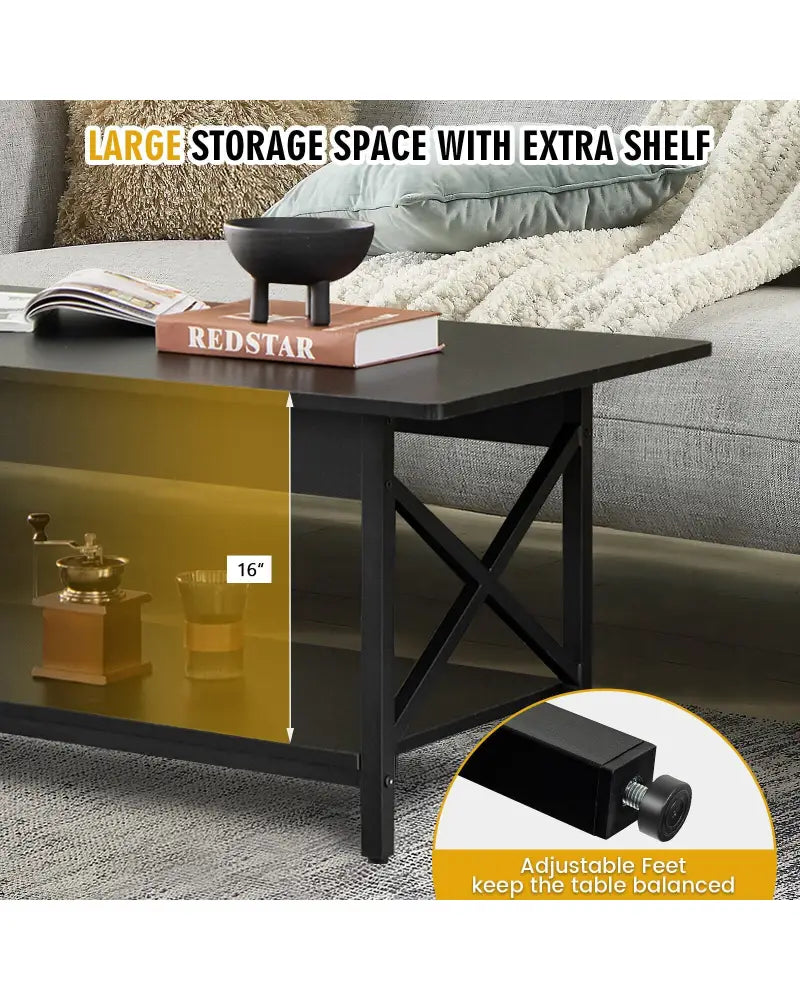 2-Tier Industrial Rectangular Coffee Table with Storage Shelf-Black - Black - Coffee Tables
