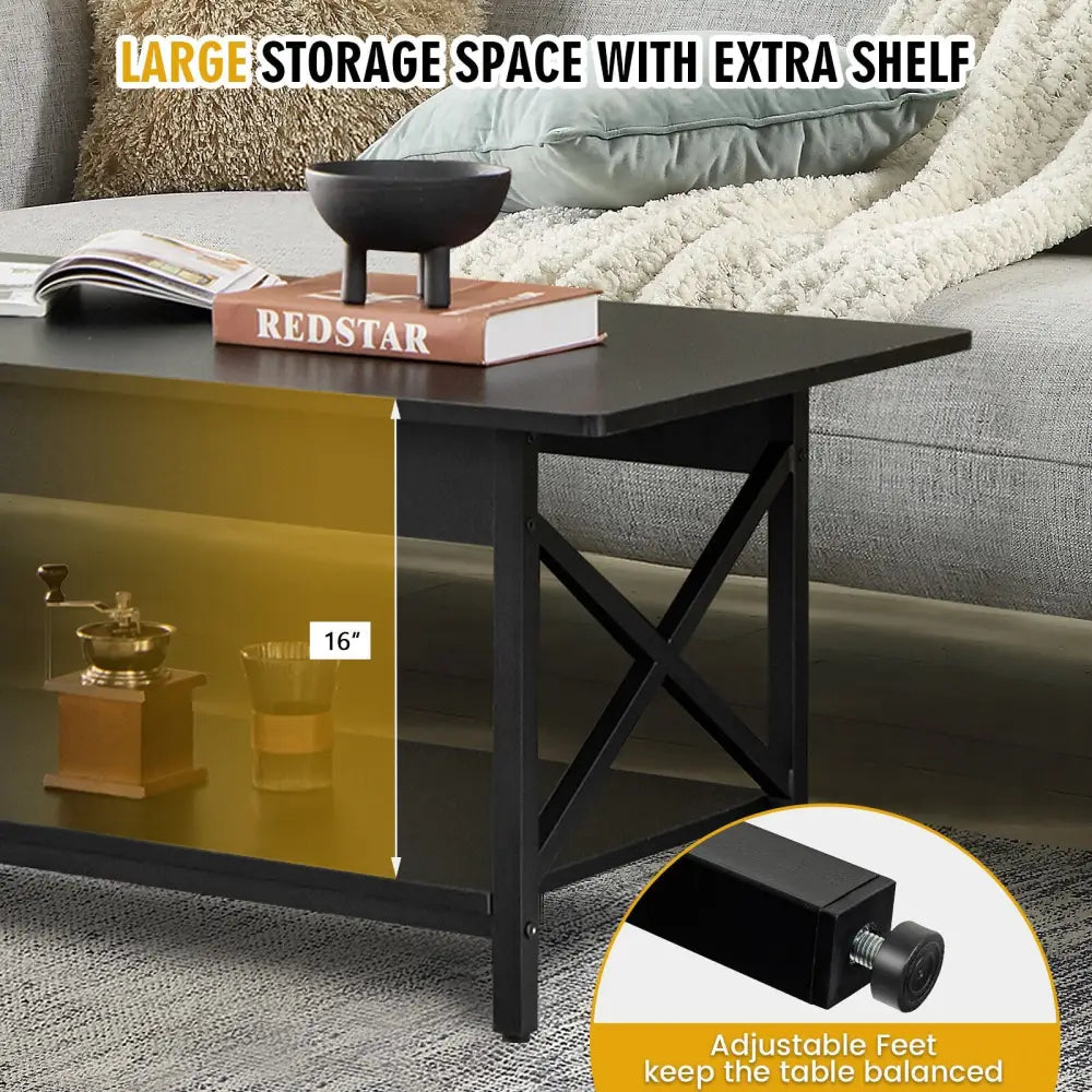 2-Tier Industrial Rectangular Coffee Table with Storage Shelf-Black - Black - Coffee Tables
