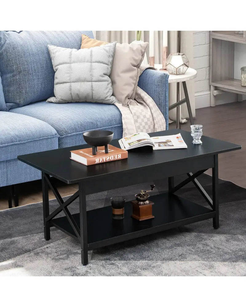 2-Tier Industrial Rectangular Coffee Table with Storage Shelf-Black - Black - Coffee Tables