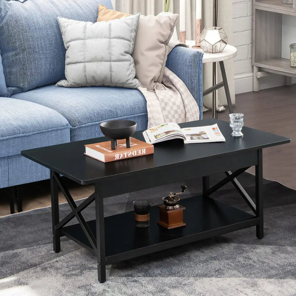 2-Tier Industrial Rectangular Coffee Table with Storage Shelf-Black - Black - Coffee Tables