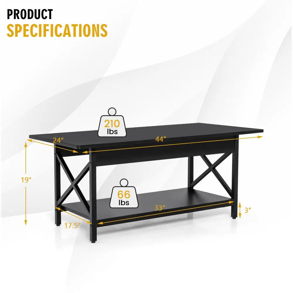 2-Tier Industrial Rectangular Coffee Table with Storage Shelf-Black - Black - Coffee Tables