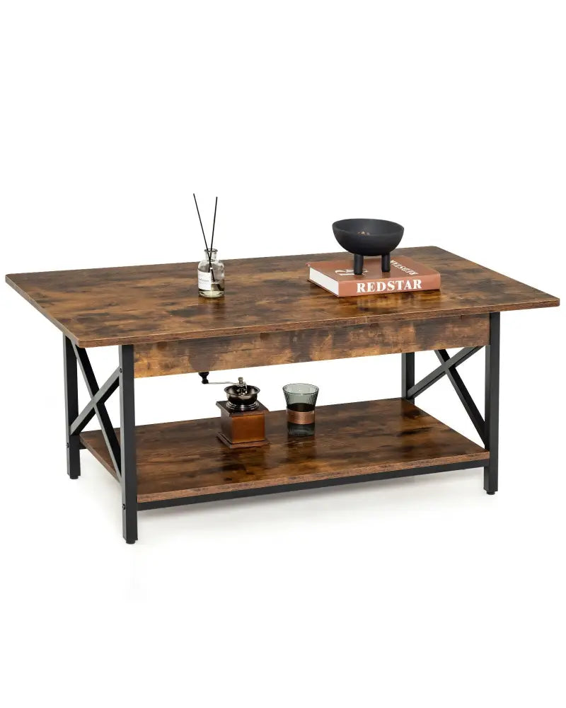 2-Tier Industrial Rectangular Coffee Table with Storage Shelf-Rustic Brown - Rustic Brown - Coffee Tables
