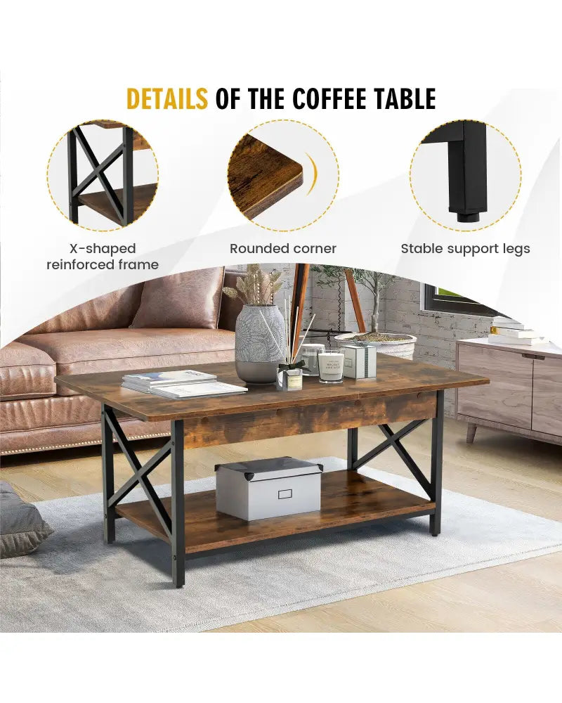 2-Tier Industrial Rectangular Coffee Table with Storage Shelf-Rustic Brown - Rustic Brown - Coffee Tables