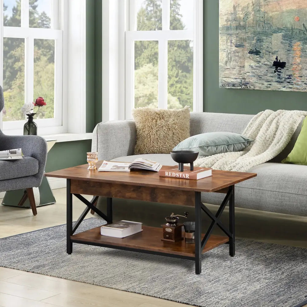 2-Tier Industrial Rectangular Coffee Table with Storage Shelf-Rustic Brown Costway