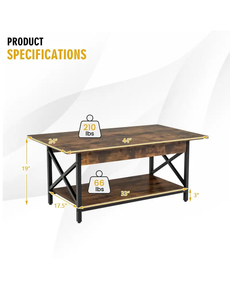 2-Tier Industrial Rectangular Coffee Table with Storage Shelf-Rustic Brown - Rustic Brown - Coffee Tables