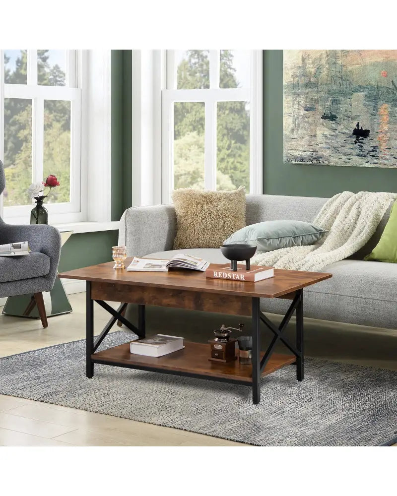 2-Tier Industrial Rectangular Coffee Table with Storage Shelf-Rustic Brown - Rustic Brown - Coffee Tables