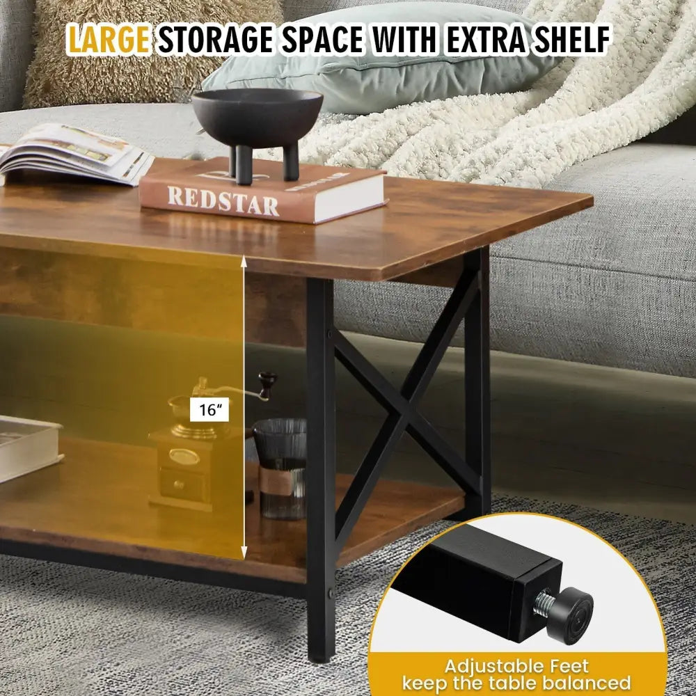 2-Tier Industrial Rectangular Coffee Table with Storage Shelf-Rustic Brown Costway