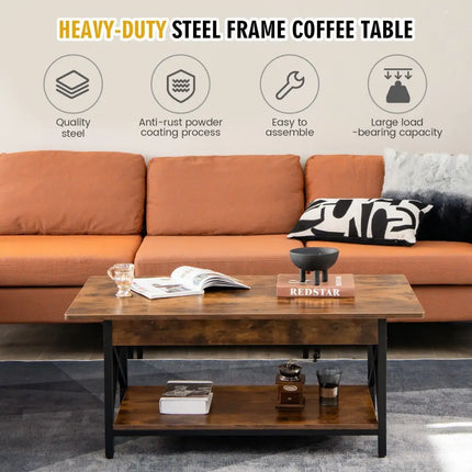 2-Tier Industrial Rectangular Coffee Table with Storage Shelf-Rustic Brown Costway