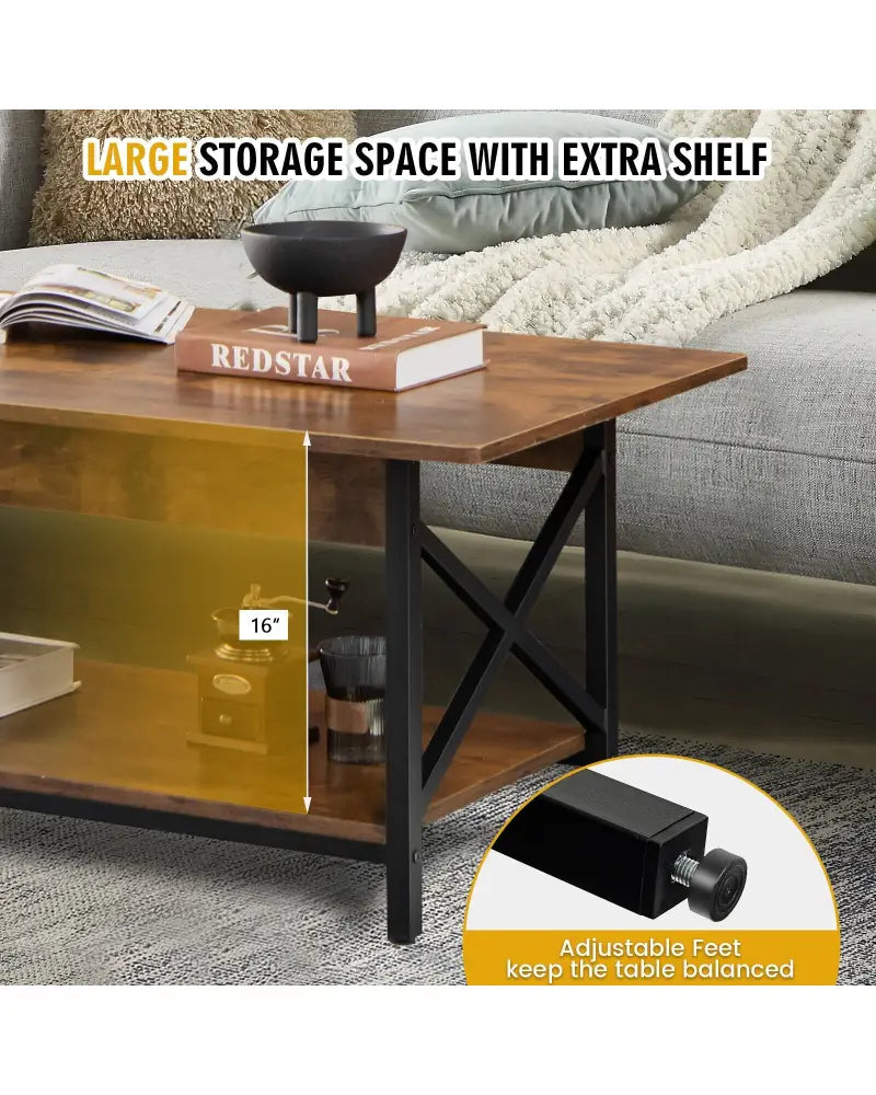 2-Tier Industrial Rectangular Coffee Table with Storage Shelf-Rustic Brown - Rustic Brown - Coffee Tables