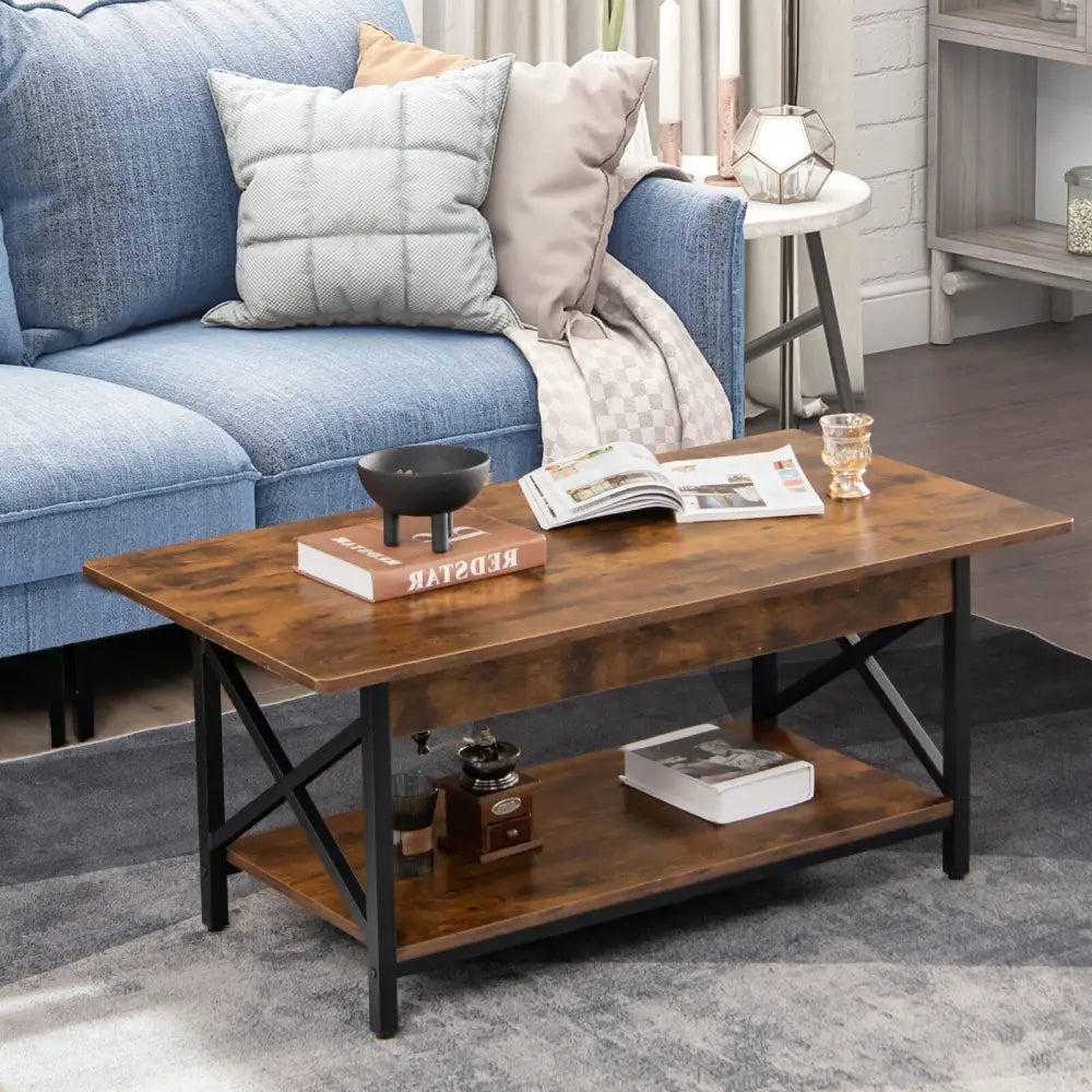 2-Tier Industrial Rectangular Coffee Table with Storage Shelf-Rustic Brown Costway