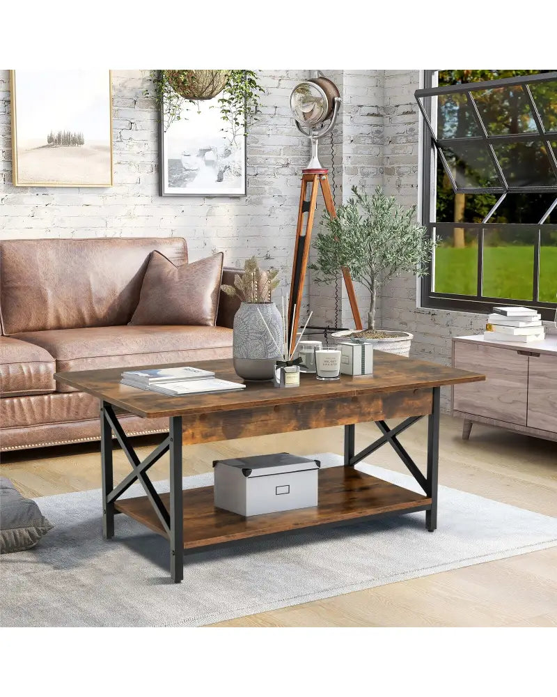 2-Tier Industrial Rectangular Coffee Table with Storage Shelf-Rustic Brown - Rustic Brown - Coffee Tables
