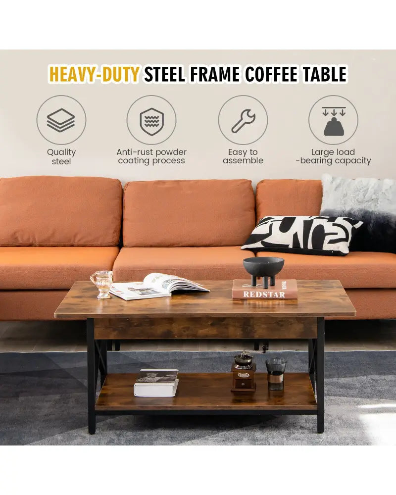 2-Tier Industrial Rectangular Coffee Table with Storage Shelf-Rustic Brown - Rustic Brown - Coffee Tables