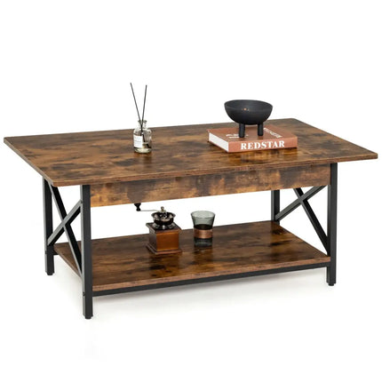 2-Tier Industrial Rectangular Coffee Table with Storage Shelf-Rustic Brown Costway
