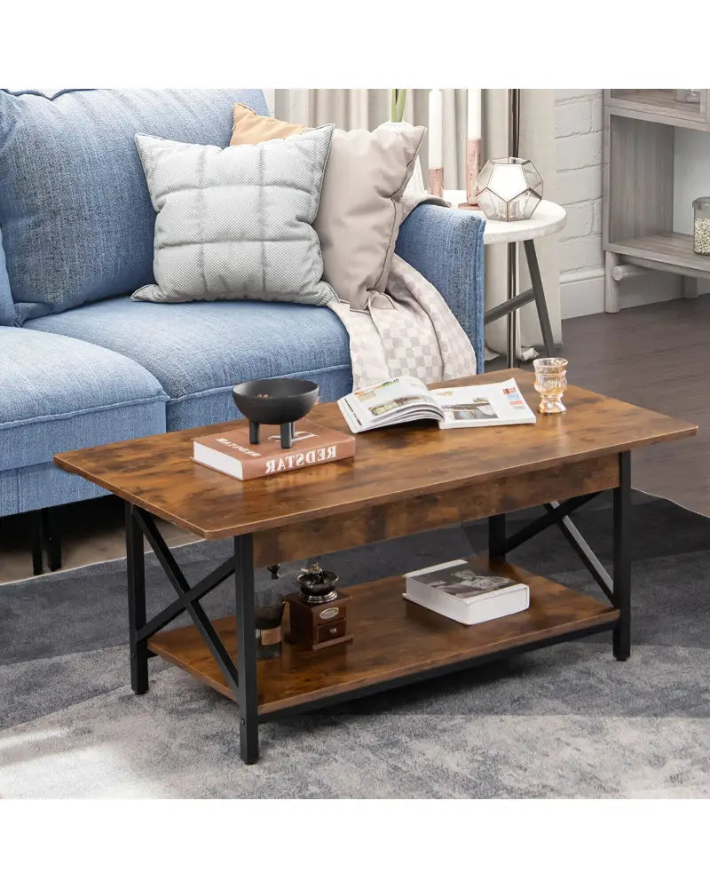 2-Tier Industrial Rectangular Coffee Table with Storage Shelf-Rustic Brown - Rustic Brown - Coffee Tables