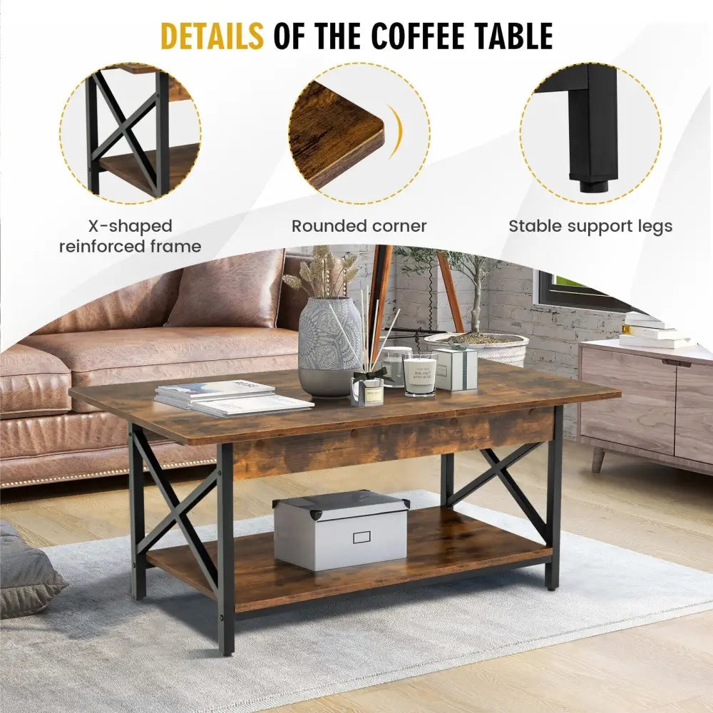 2-Tier Industrial Rectangular Coffee Table with Storage Shelf-Rustic Brown Costway