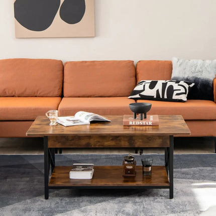2-Tier Industrial Rectangular Coffee Table with Storage Shelf-Rustic Brown Costway