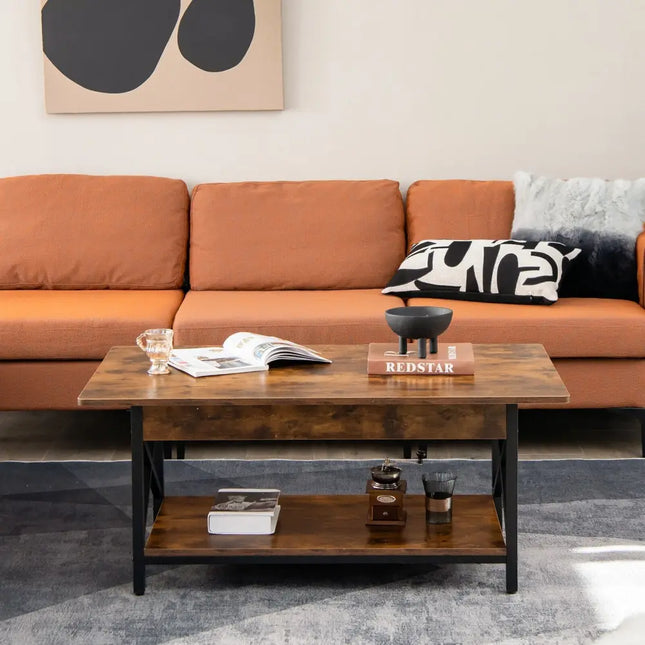 2-Tier Industrial Rectangular Coffee Table with Storage Shelf-Rustic Brown Costway