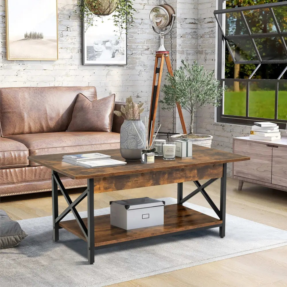 2-Tier Industrial Rectangular Coffee Table with Storage Shelf-Rustic Brown Costway