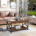2-Tier Industrial Rectangular Coffee Table with Storage Shelf-Rustic Brown Costway