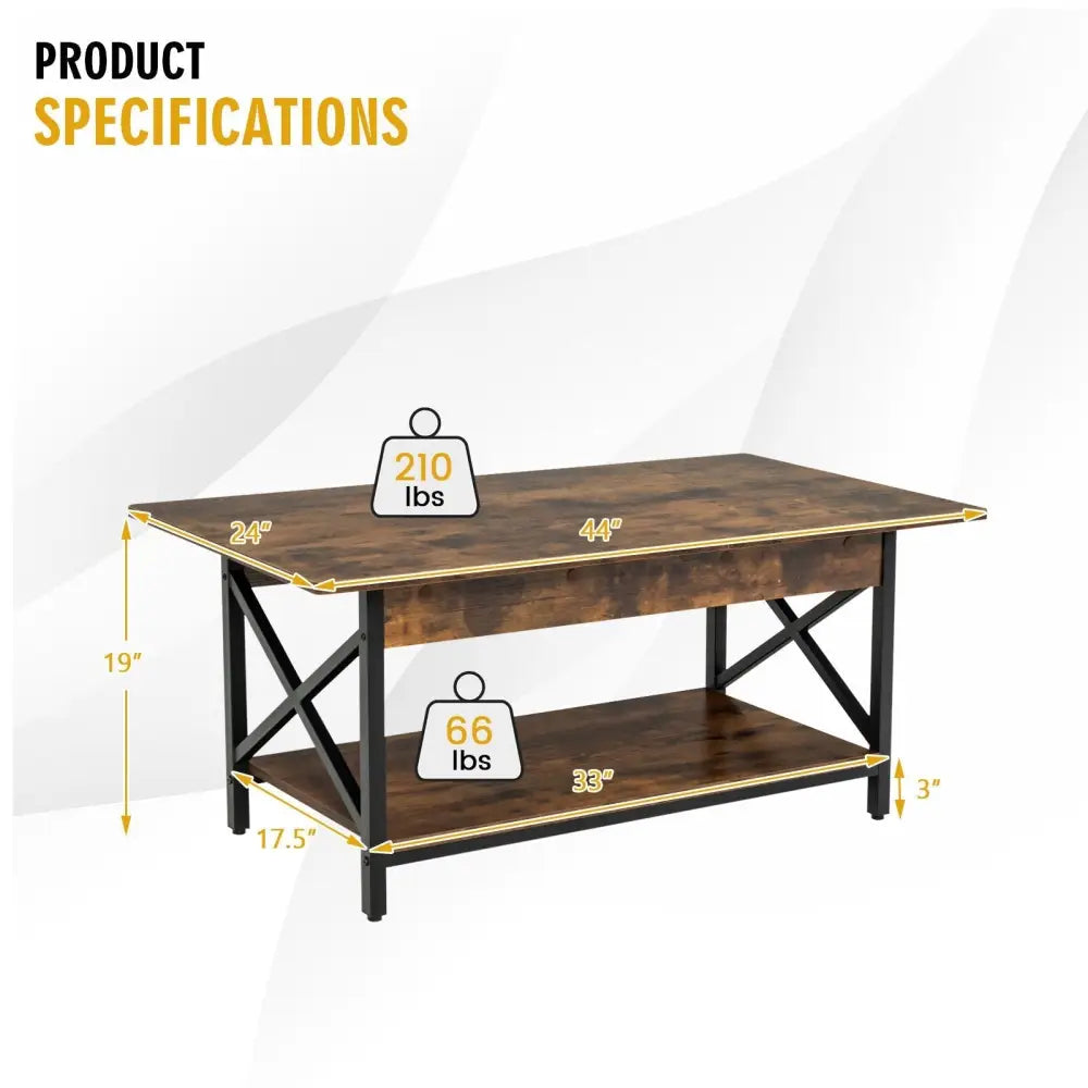 2-Tier Industrial Rectangular Coffee Table with Storage Shelf-Rustic Brown Costway