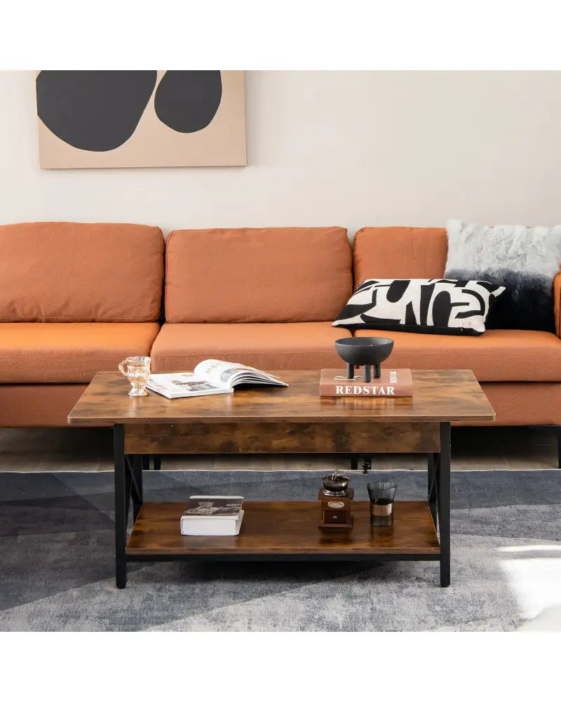 2-Tier Industrial Rectangular Coffee Table with Storage Shelf-Rustic Brown - Rustic Brown - Coffee Tables