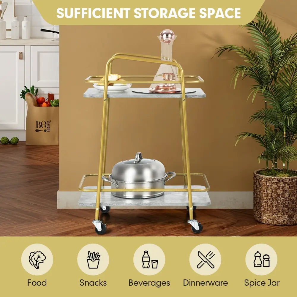 2-tier Kitchen Rolling Cart with Steel Frame and Lockable Casters-Gray Costway